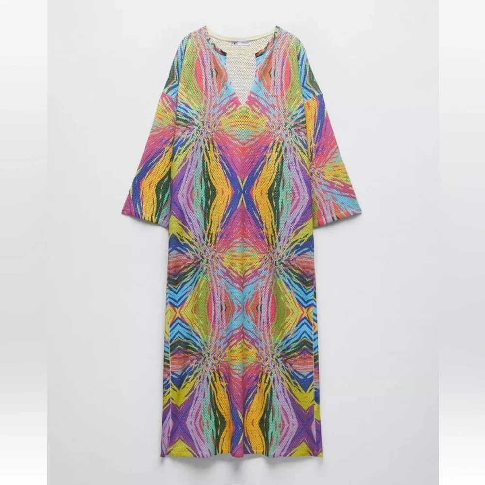 ZARA OPEN KNIT JACQUARD TUNIC MULTICOLORED M